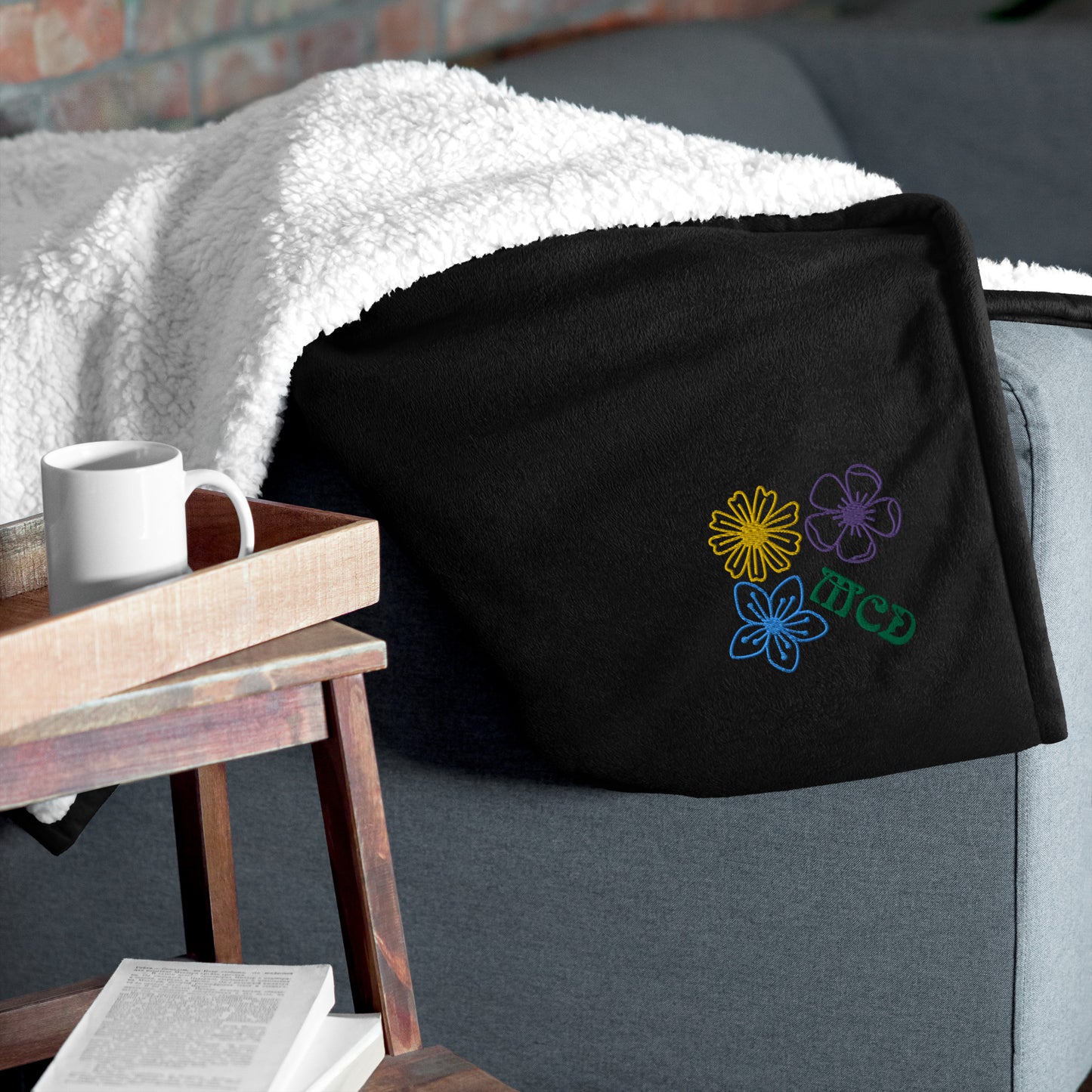 Floral embroidered premium sherpa blanket