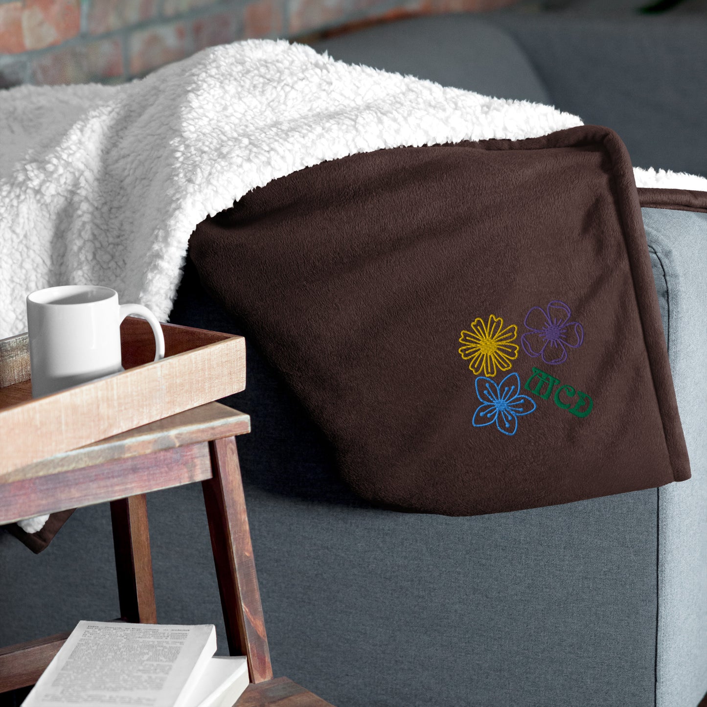 Floral embroidered premium sherpa blanket